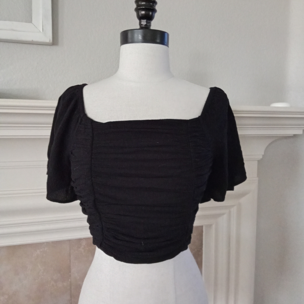 Jessica Simpson Black Flutter Sleeve Ruched Blouse